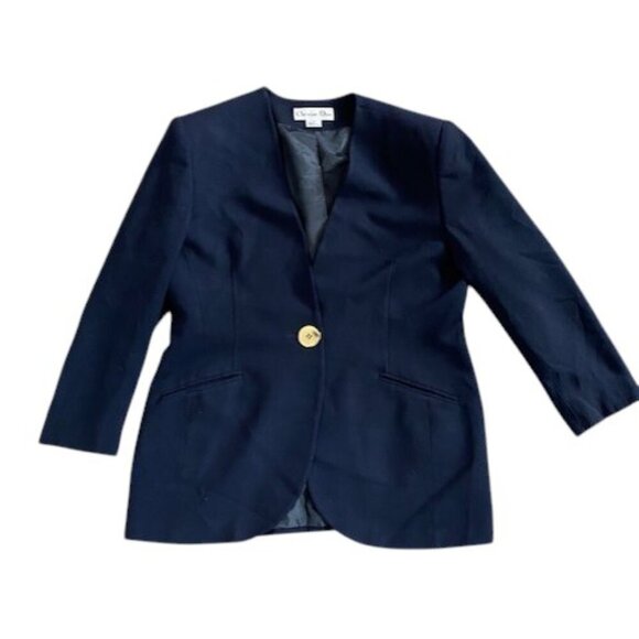 VINTAGE Christian Dior Navy Blue Gold Button Wool Blazer Jacket Sz XL 18 - Picture 1 of 13